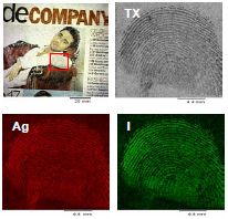 Figura 2: Imagen óptica de una página de revista, imagen de transmisión de rayos X (TX) e imágenes de huellas dactilares de fluorescencia de rayos X de yodo (I) y plata (Ag). El análisis se efectuó en el área marcada en la imagen óptica.