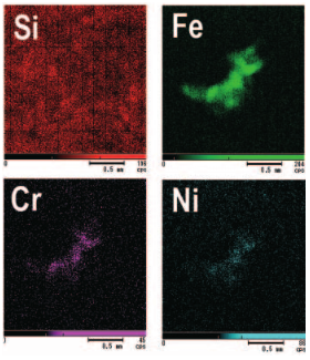 Figura 2. Imágenes de mapeo mostrando intensidades de silicio (Si), hierro (Fe), cromo (Cr) y niquel (Ni)