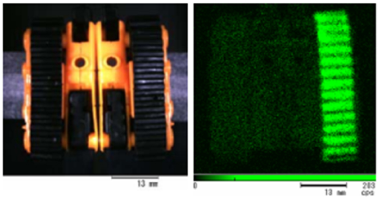 Figura 4: Imagen óptica (izquierda) e imagen XRF de baja resolución (derecha) que muestra la distribución del plomo en las huellas de oruga.